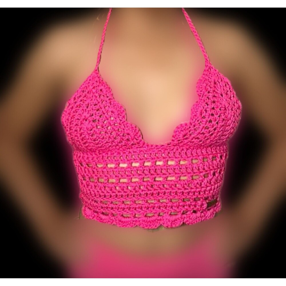 Handmade Pink CrochetCrop Top,asthetic,coachella,Boho,festival,concert,party